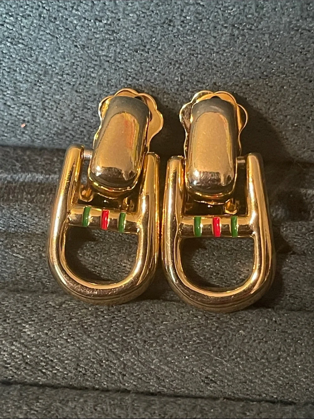 Vintage Paolo Gucci Stirrup Enamel Striped Door-Knocker Style Clip On Earrings